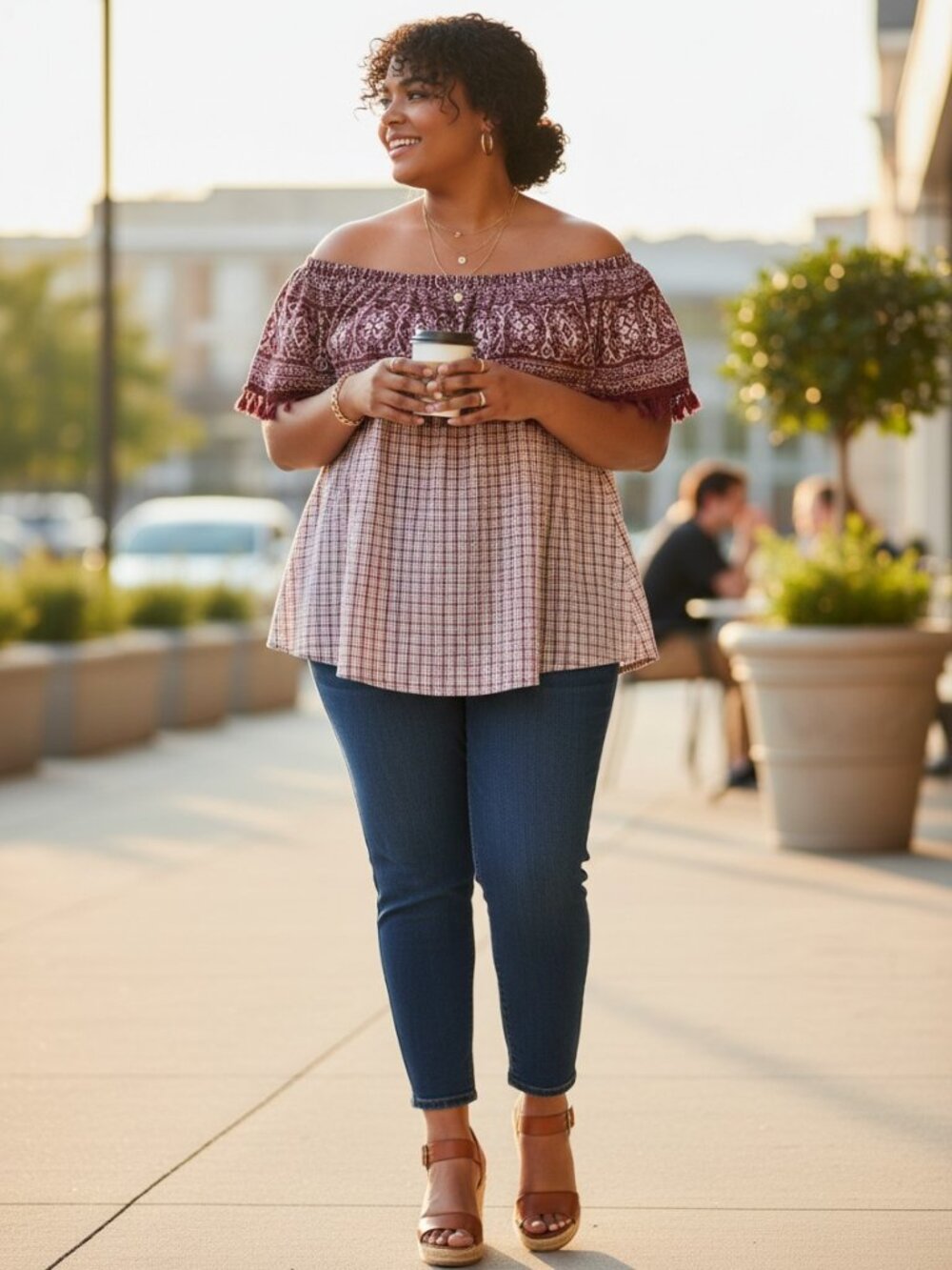 Entro Off Shoulder Top Womens Large Red White Grid Fringe Embroidered